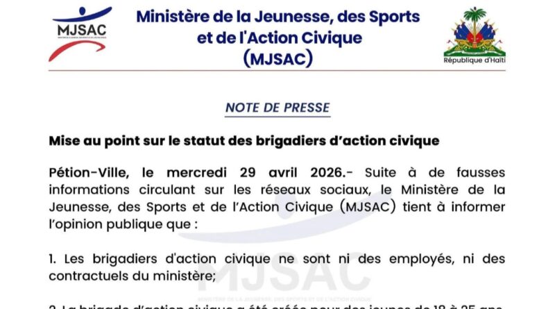Le Ministère de la Jeunesse, des Sports et de l’Action Civique clarifie le statut des brigadiers d’action civique