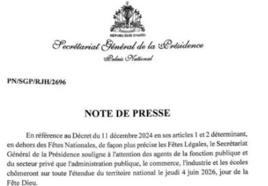 Haïti : le jeudi 4 juin 2026 décrété jour férié à l’occasion de la Fête-Dieu