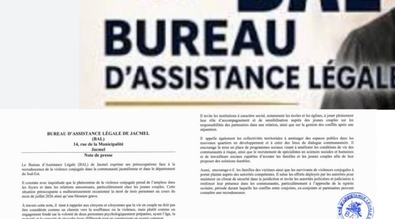 Sud-Est: Le BAL exprime ses préoccupations face à la recrudescence de la violence conjugale