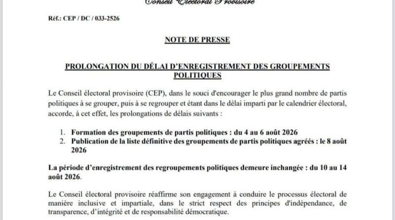 Le CEP accorde un délai supplémentaire pour la formation des groupements politiques