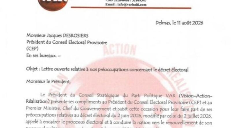 Élections : le parti VAR interpelle le CEP sur certaines dispositions du décret électoral