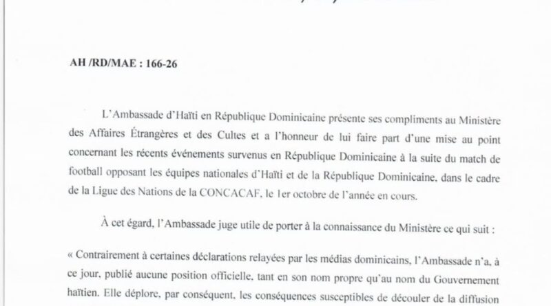 Ayiti : Anbasad la demanti enfòmasyon sou yon swadizan pozisyon ofisyèl apre match kont Repiblik Dominikèn