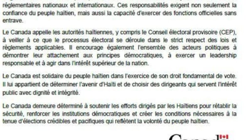 Kanada mande pou entegrite ak transparans nan pwochen eleksyon ann Ayiti